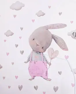 Nálepky na stenu Nálepka na stenu pre dievčatko - Ružový zajko so srdiečkami