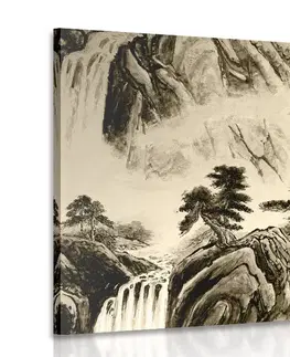 Čiernobiele obrazy Obraz čínska krajinomaľba v sépiovom prevedení
