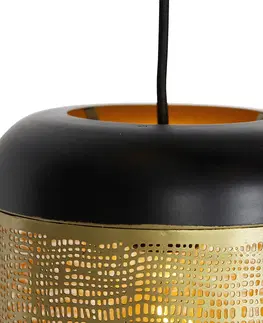 Zavesne lampy Vintage závesné svietidlo čierne s mosadzným okrúhlym 3-svetlom - Kayleigh