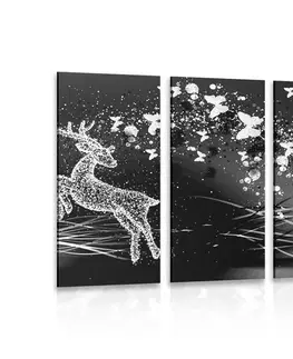 Čiernobiele obrazy 5-dielny obraz nádherný jeleň s motýľmi v čiernobielom prevedení