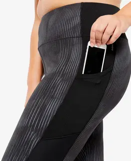 nohavice Dámske legíny s vreckom na fitness čierno-sivé s potlačou