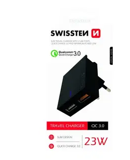 Nabíjačky pre mobilné telefóny Rýchlonabíjačka Swissten Qualcomm Charger 3.0 s 2 USB konektormi, 23 W, čierna 22049500