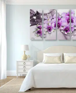 Obrazy kvetov 5-dielny obraz fialové kvety na abstraktnom pozadí