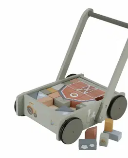 Drevené hračky LITTLE DUTCH - Vozíček s kockami drevený Farma