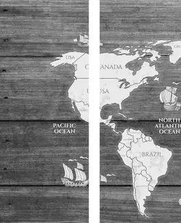 Obrazy mapy 5-dielny obraz čiernobiela mapa na dreve