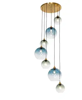 Zavesne lampy Art Deco Závesné svietidlo mosadzné s modrým sklom okrúhle 7-svetlo - Sandra