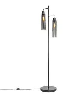 Stojace lampy Moderná stojaca lampa čierna s dymovým sklom 2 svetlá - Stavelot