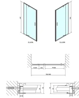 Sprchovacie kúty POLYSAN - EASY LINE otočné sprchové dvere 760-900, sklo Brick EL1638