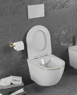 Záchody MEXEN - Lena Závesná WC misa vrátane sedátka s slow-slim, duroplast, biela/zlatá linka 30224005
