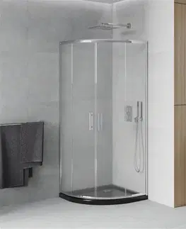 Vane MEXEN/S - Rio štvrťkruhový sprchovací kút 80 x 80, mráz, chróm + vanička so sifónom Flat, čierny 863-080-080-01-30-4170
