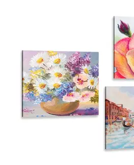 Zostavy obrazov Set obrazov romantické Benátky s kvetmi