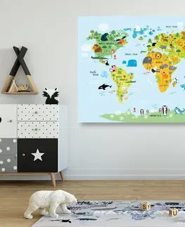 Obrazy na korku Obraz na korku detská mapa sveta so zvieratkami
