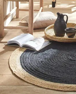 Koberce Dvojfarebný okrúhly jutový koberec, čierna a prírodná