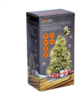 Vianočné dekorácie Solight Svetelná vonkajšia reťaz na batérie 50 LED s časovačom 5 m, teplá biela