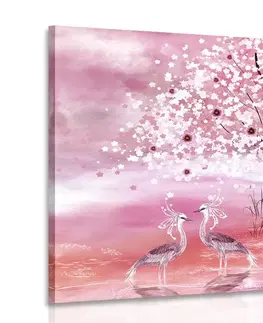 Obrazy prírody a krajiny Obraz volavky pod magickým stromom v ružovom prevedení