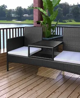 Záhradné lavice Polyratanový dvojsedačková lavička s čajovým stolíkom čierna