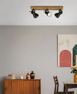 Bodové svetlá Briloner Stropné bodové svietidlo Arbo s dreveným prvkom, trojplameňové