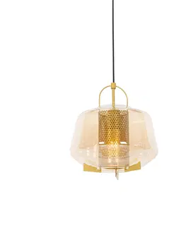 Zavesne lampy Art deco závesná lampa zlatá s jantárovým sklom 30 cm - Kevin