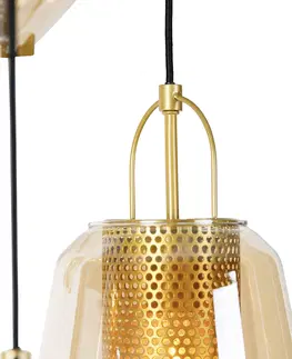 Zavesne lampy Art deco závesná lampa zlatá s jantárovým sklom 6 svetiel - Kevin