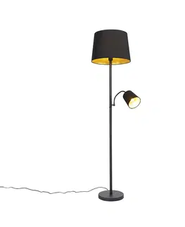 Stojace lampy Klasická stojaca lampa čierna so zlatou a svetlom na čítanie - Retro
