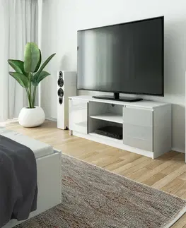 TV stolíky Dizajnový TV stolík ROMANA140, biely / metalický lesk