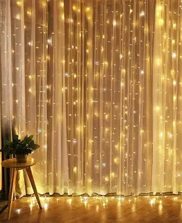 Vianočné dekorácie Solight Okenný vianočný záves, 300 mini LED, 1,5 x 1,2 m, s časovačom