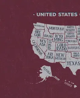 Tapety mapy Tapeta náučná mapa USA s bordovým pozadím