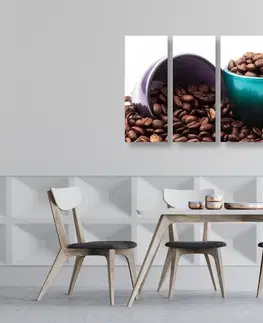 Obrazy jedlá a nápoje 5-dielny obraz šálky s kávovými zrnkami