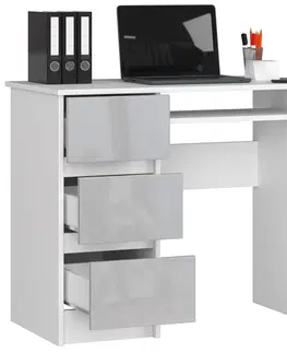 Písacie stoly Dizajnový písací stôl JIŘÍ90L, biely / šedý lesk