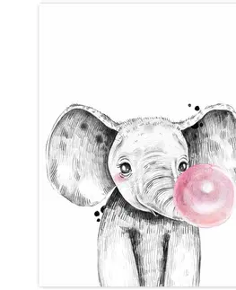 Obrazy do detskej izby Obraz na stenu - Slon s ružovou bublinou