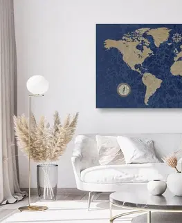 Obrazy na korku Obraz na korku mapa sveta s kompasom v retro štýle na modrom pozadí