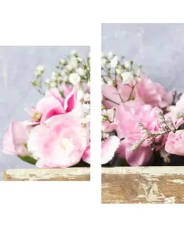 Vintage  a retro obrazy 5-dielny obraz kvety karafiátu v drevenej bedničke