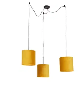 Zavesne lampy Závesná lampa s 3 zamatovými odtieňmi žltá so zlatou - Cava