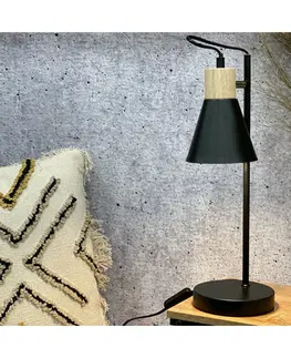 Stolové lampy Kovová stolná lampa s dreveným podstavcom Solano čierna, 14 x 47 cm