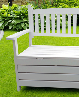 Záhradné lavice KONDELA Amula záhradná lavička s úložným priestorom biela