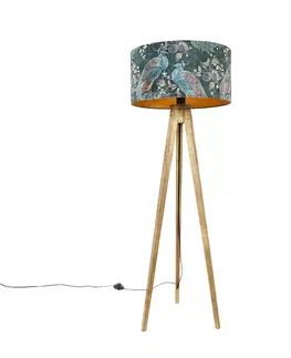 Stojace lampy Statív vintage drevený s kapucňou páví zelený 50 cm - Tripod Classic