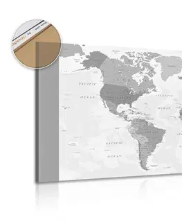 Obrazy na korku Obraz na korku podrobná mapa sveta v čiernobielom prevedení