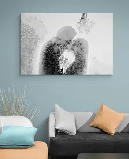 Čiernobiele obrazy Obraz zamilovaný pár pod imelom v čiernobielom prevedení