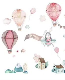 Nálepky na stenu Dievčenské nálepky na stenu - Ružové balóny, zajac a domy