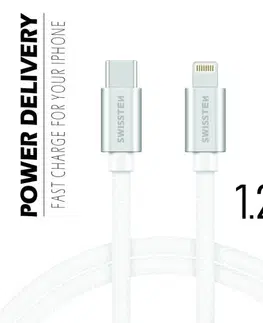 USB káble Dátový kábel Swissten textilný s USB-C, Lightning konektormi a podporou rýchlonabíjania, strieborný 71525203