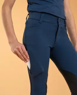 nohavice Detské jazdecké nohavice 500 s adhezívnymi nášivkami tyrkysovo-modré
