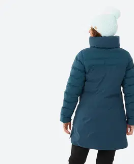 bundy a vesty Dámska dlhá hrejivá lyžiarska bunda 500 modrá
