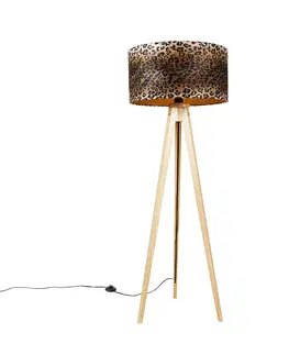 Stojace lampy Moderná stojanová lampa z dreveného textilného leopardieho tienidla 50 cm - Tripod Classic