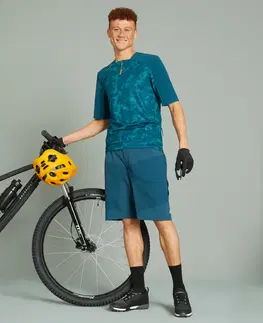 nohavice Pánske krátke nohavice EXPL 500 na horskú cyklistiku modro-zelené