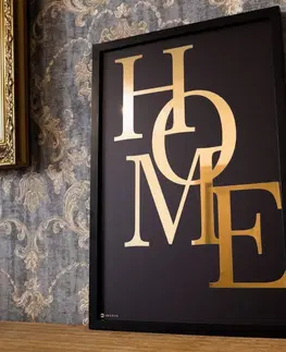 Moderné obrazy Obraz na stenu, zlatý text a čierny drevený rám - O domove