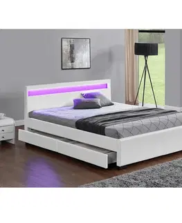 Postele Manželská posteľ, RGB LED osvetlenie, biela ekokoža, 160x200, CLARETA