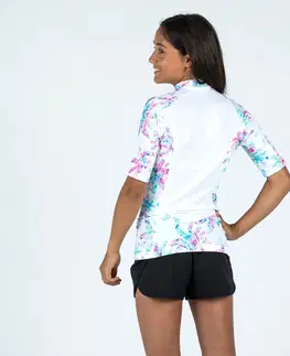 surf Dievčenské tričko 500 Palm proti UV žiareniu s krátkym rukávom na surf biele