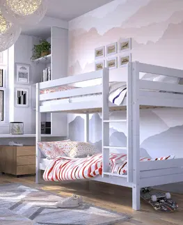 Postele Poschodová posteľ, masívne drevo, biela, OLAF
