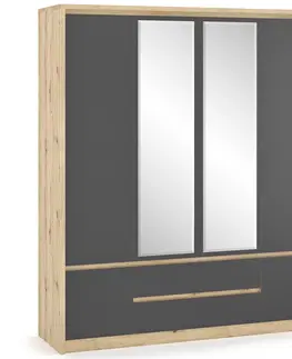Šatníkové skrine NABBI Daicos W-4D2DRWS štvordverová šatníková skriňa so zrkadlom dub artisan / sivá