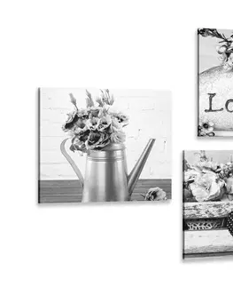 Zostavy obrazov Set obrazov romantické vintage zátišie v čiernobielom